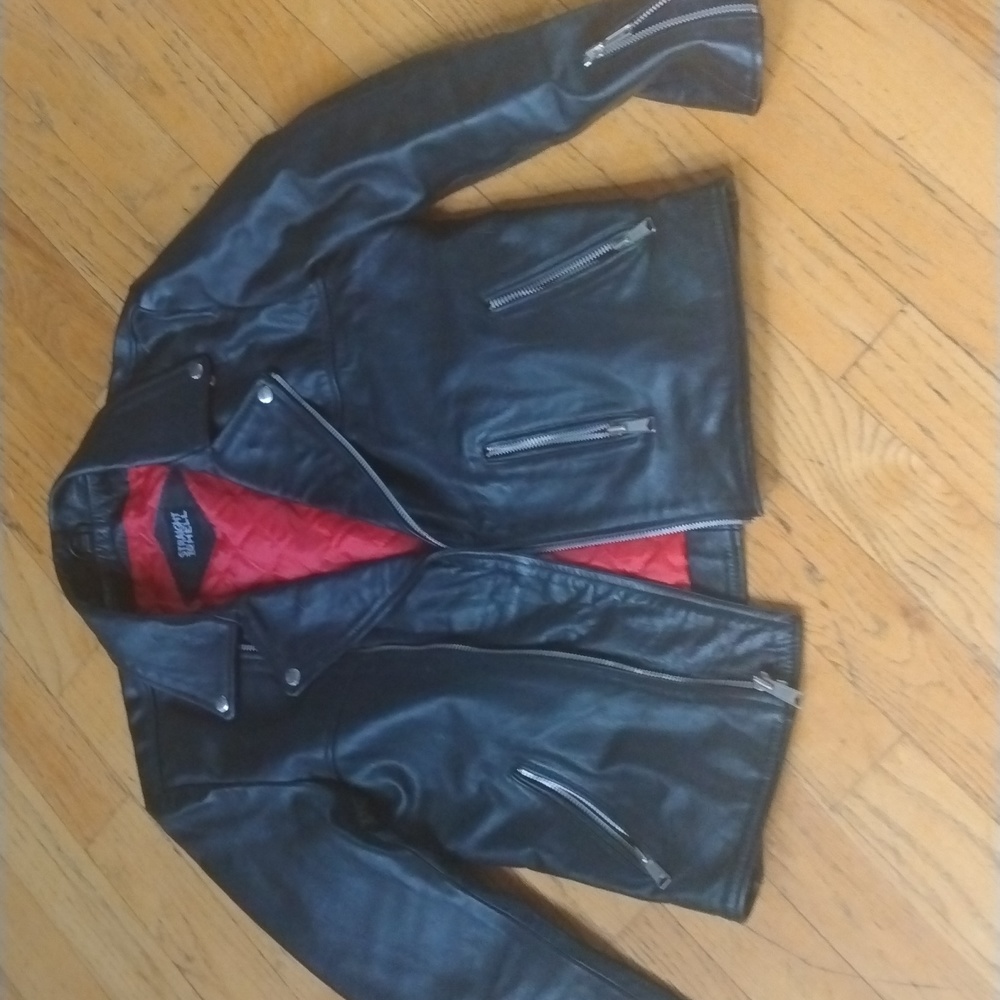 Straight to hell mens size 44 black leather jacket red interior lining